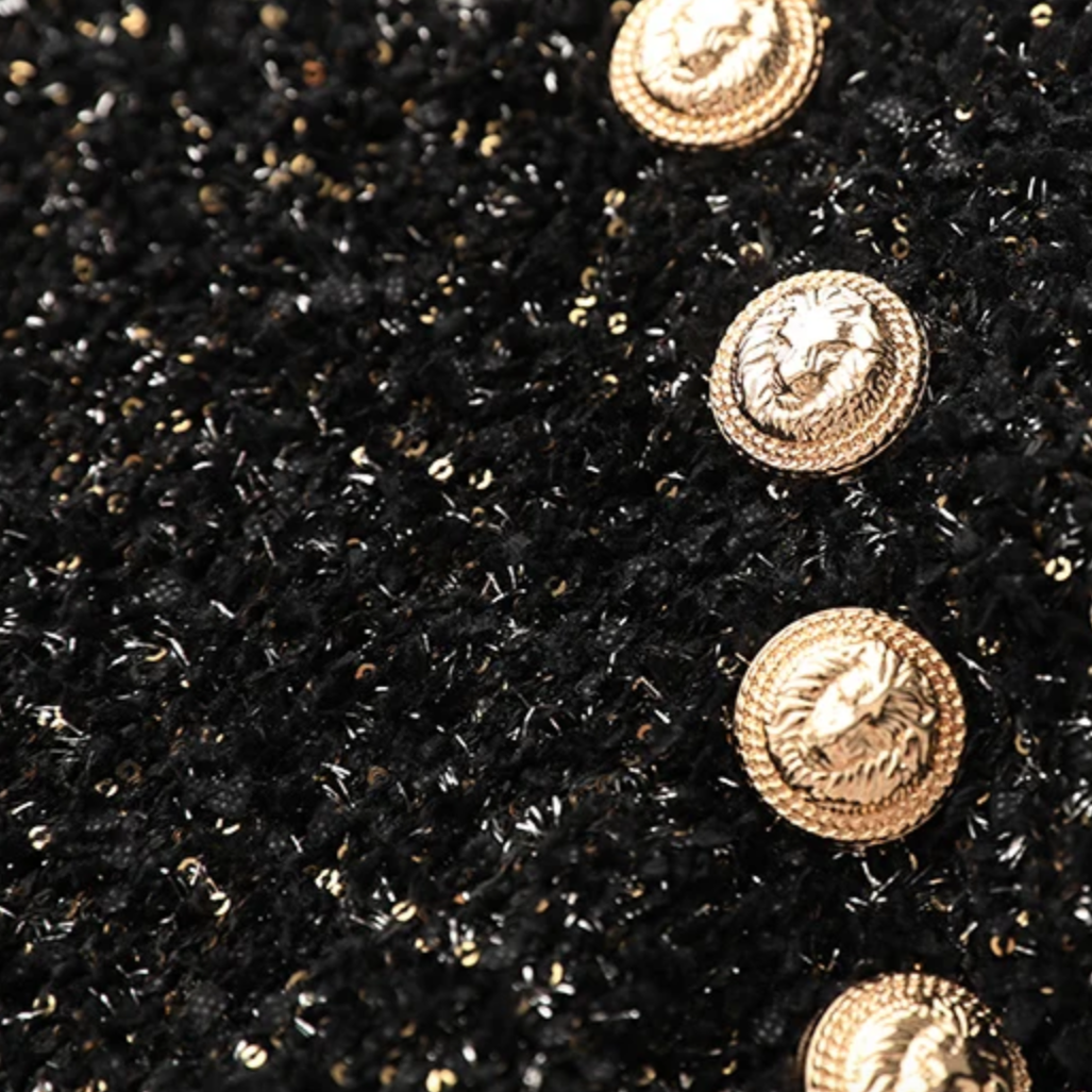 Short sleeve boucle button detail mini dress - Black