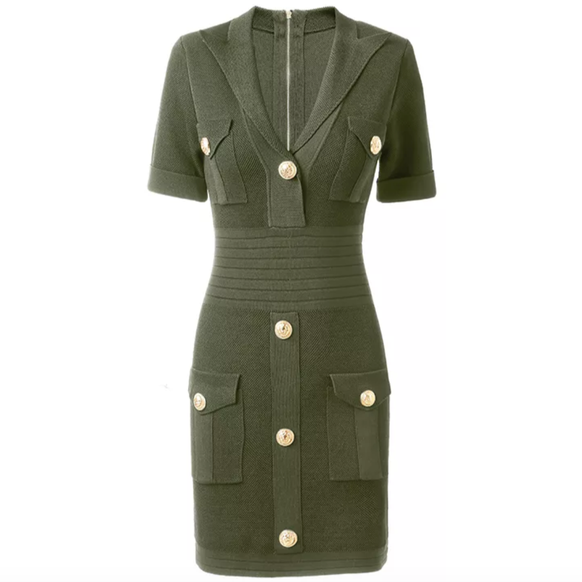 The Natalynska Masha dress is a stunning short sleeved bodycon evening dress with banding detail at the centre to cinch in the waist and gold button detailing balmain inspired mini dress