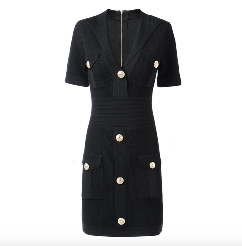 The Natalynska Masha dress is a stunning short sleeved bodycon evening dress with banding detail at the centre to cinch in the waist and gold button detailing balmain inspired mini dress black