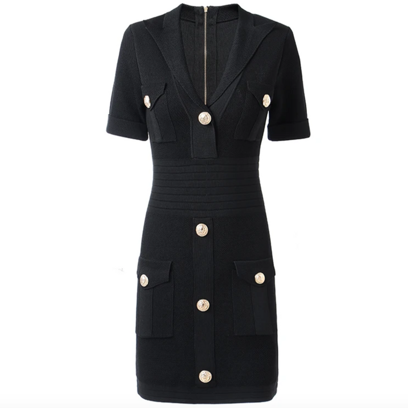 The Natalynska Masha dress is a stunning short sleeved bodycon evening dress with banding detail at the centre to cinch in the waist and gold button detailing balmain inspired black