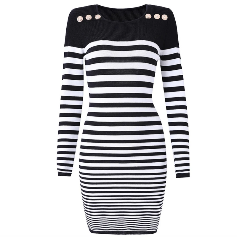 Long sleeve button detail stripe dress - Monochrome