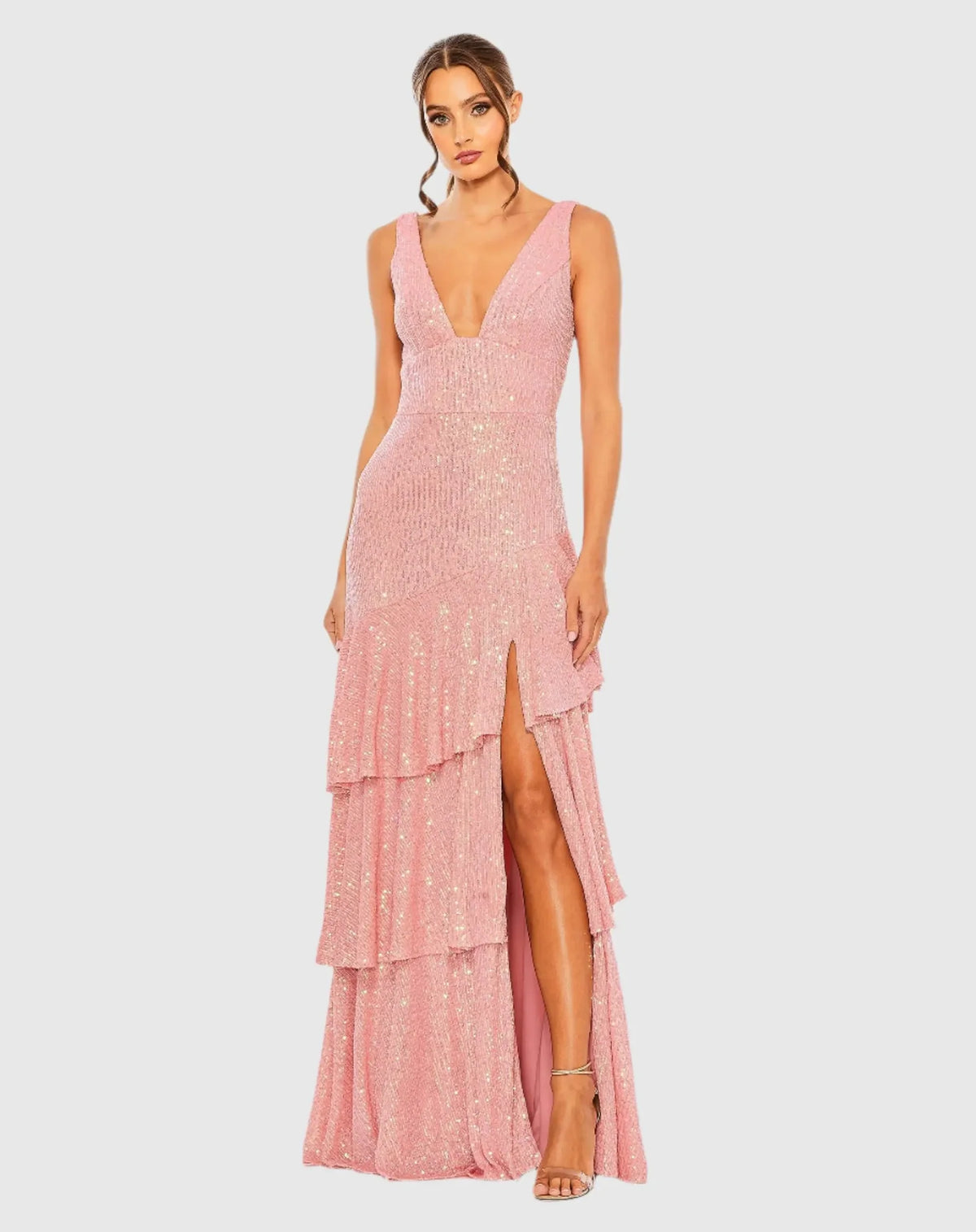 Mac Duggal Coral Sequin Asymmetrical Ruffle Tiered Gown #27046 Coral