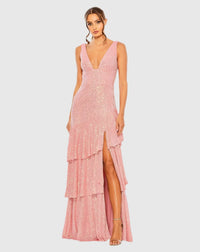 Mac Duggal Coral Sequin Asymmetrical Ruffle Tiered Gown #27046 Coral