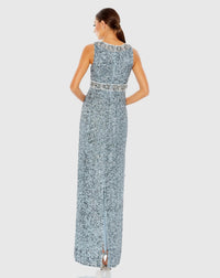 Blue Sleeveless Sequin Column Gown - Back