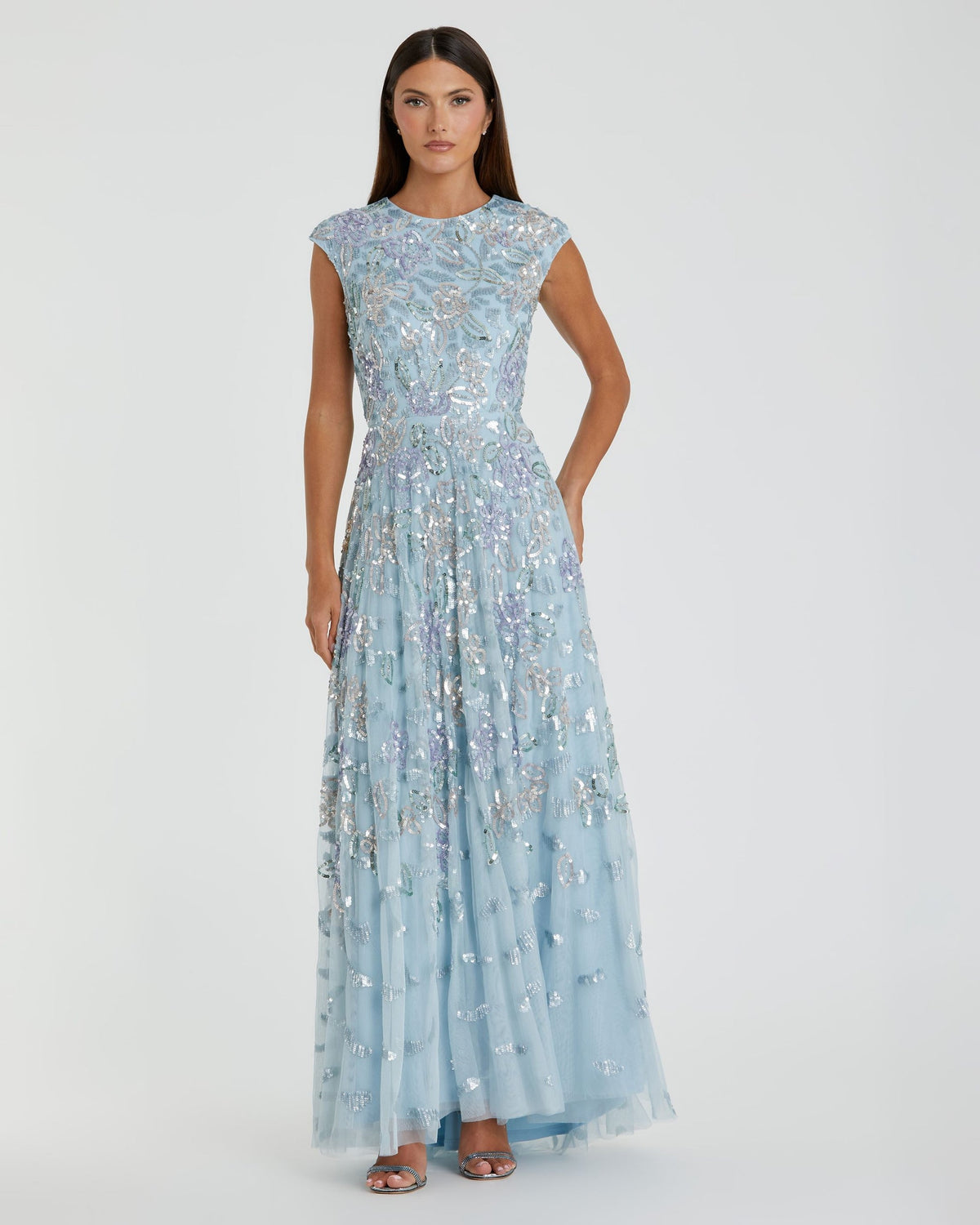Mac Duggal #5647 Sequined High Neck Cap Sleeve A Line Gown - Ice Blue Multi