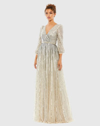 Mac Duggal Sequined Wrap Over 3/4 Sleeve Gown #5509 Silver Nude