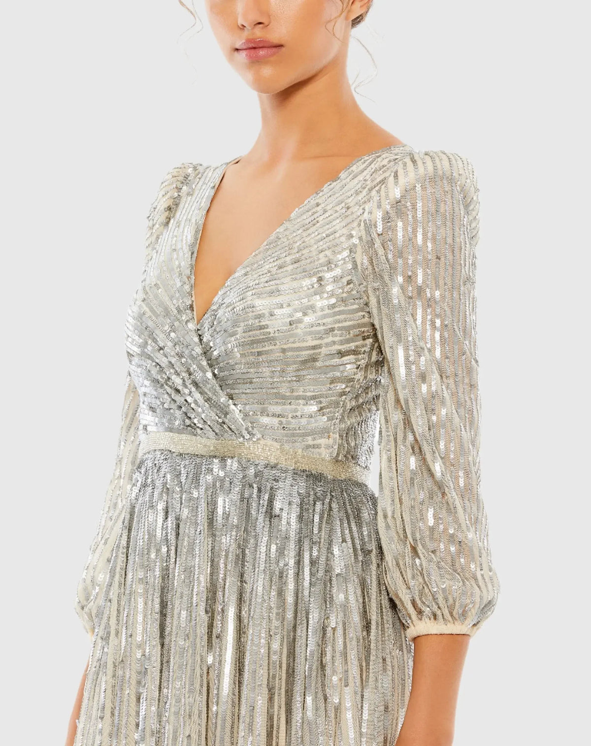 Sequin Wrap Over 3/4 Sleeve Gown - Silver Nude