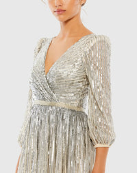 Sequin Wrap Over 3/4 Sleeve Gown - Midnight