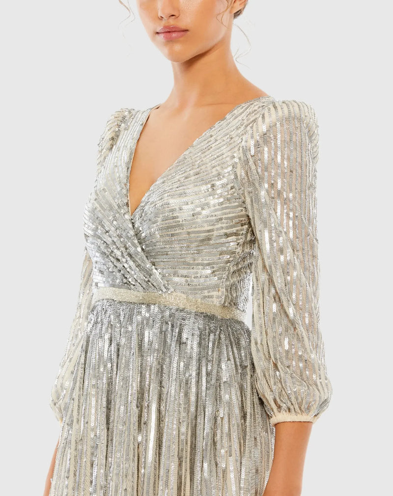 Sequin Wrap Over 3/4 Sleeve Gown - Midnight