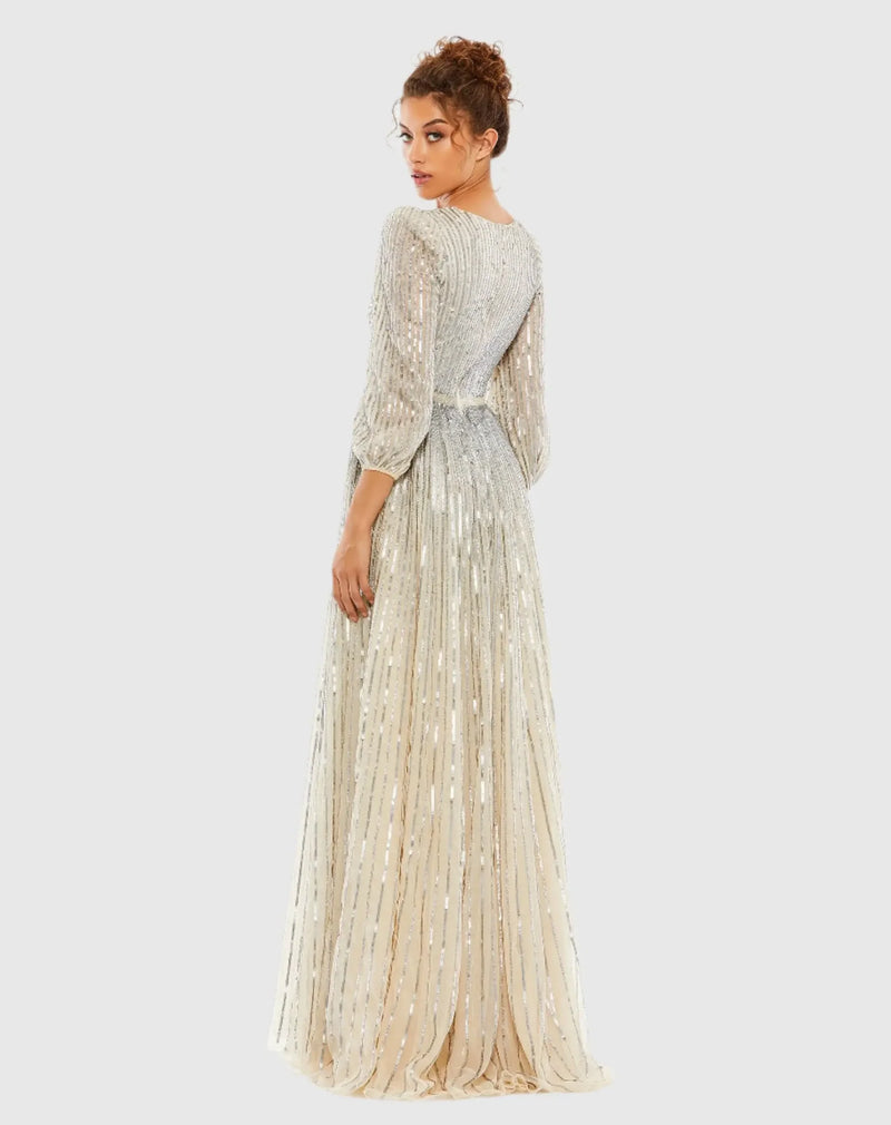 Sequin Wrap Over 3/4 Sleeve Gown - Midnight