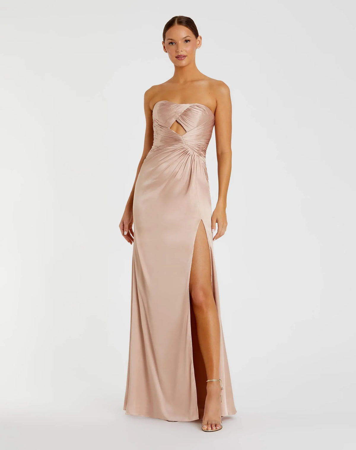 Mac Duggal #68837 Pink Strapless Charmeuse Wrap Gown With Cutout Detail Oyster 