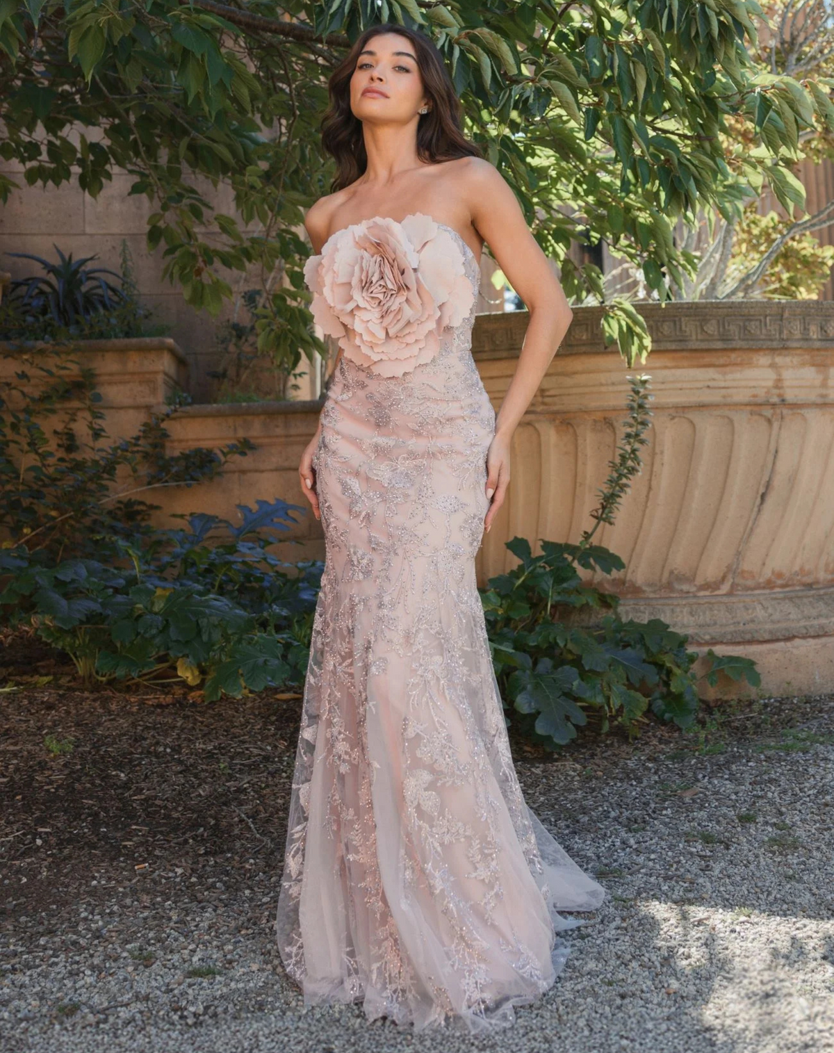 Mac Duggal Pink Strapless Beaded Applique Mermaid Gown With Flower Pink #21036