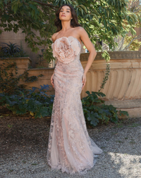 Mac Duggal Pink Strapless Beaded Applique Mermaid Gown With Flower Pink #21036
