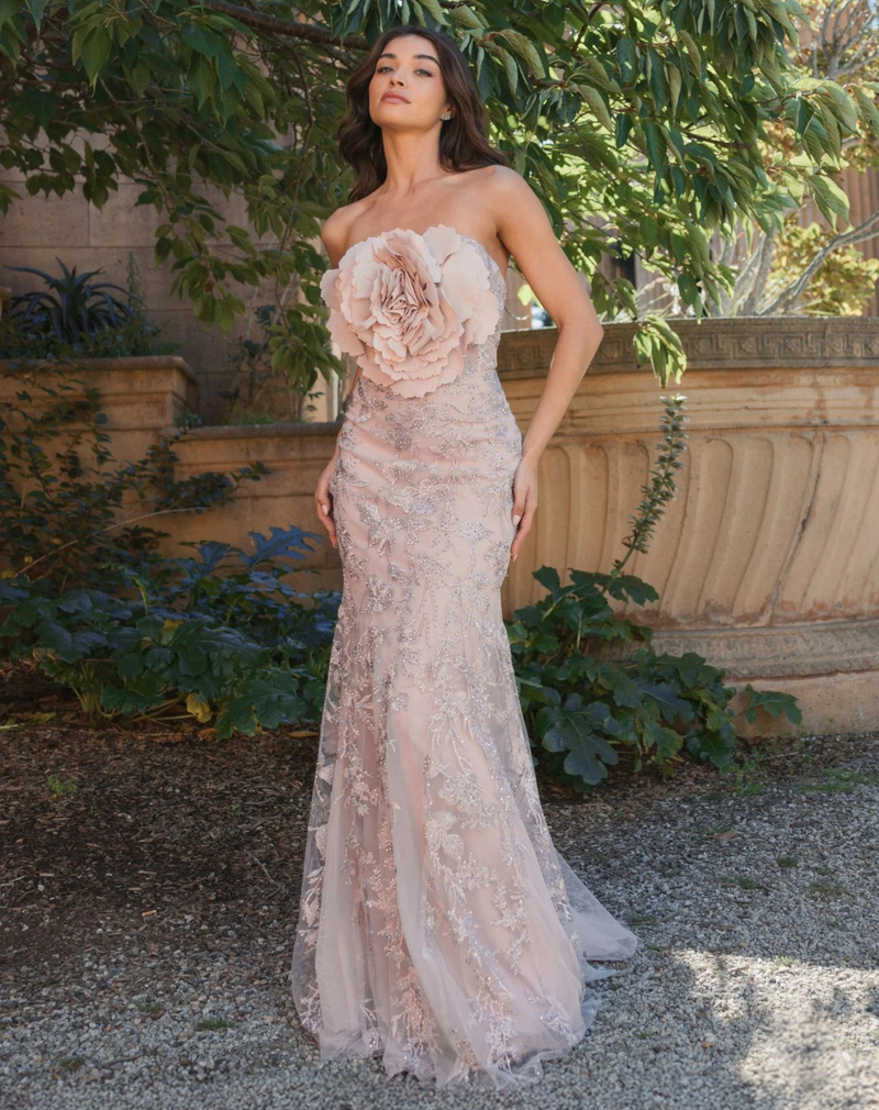 Mac Duggal Pink Strapless Beaded Applique Mermaid Gown With Flower Pink #21036