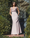Pink Crepe Sleeveless Beaded V Neck Gown With Bow - Blush pink bow plunge mac duggal 2278