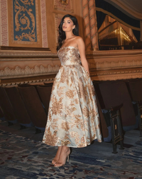 Mac Duggal Strapless Brocade Midi Dress with Pockets #20716 Bronze
