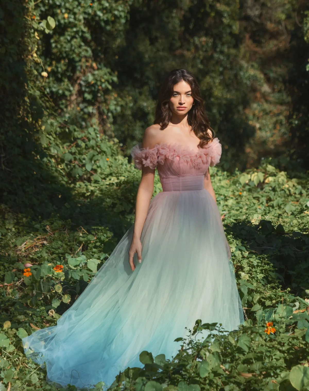 Mac Duggal Multicolor Off The Shoulder Ombre Tulle Ballgown Pink Sorbet #37002 