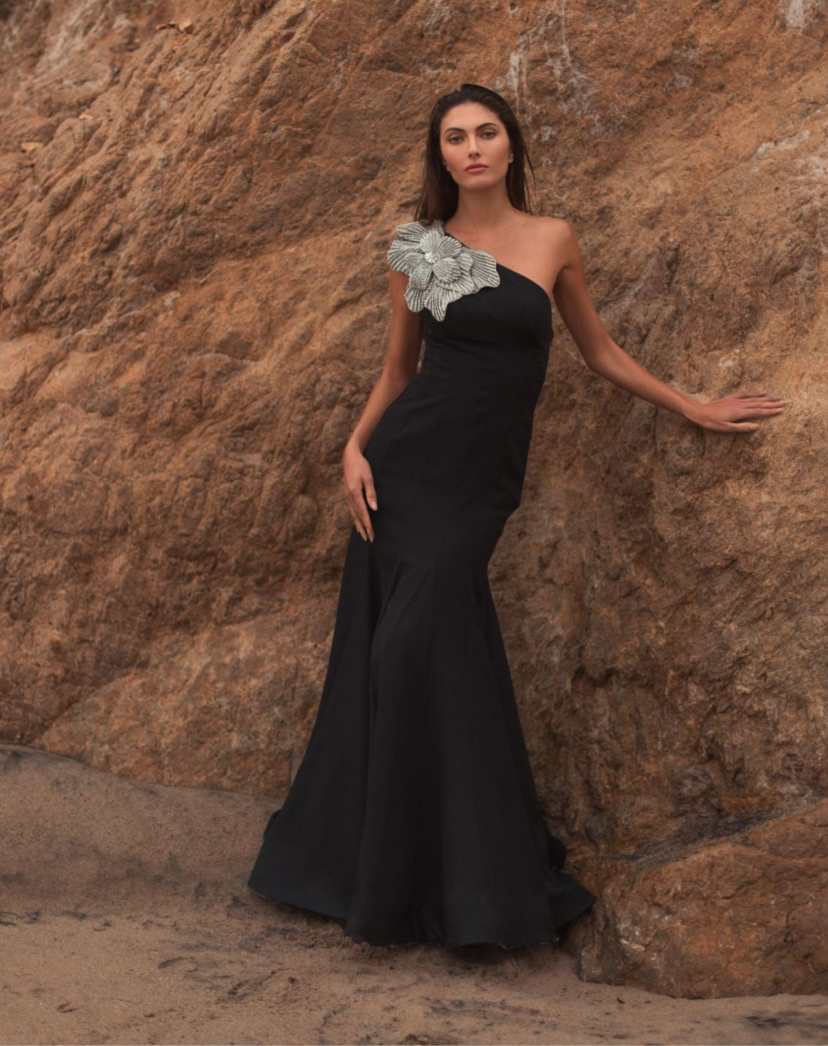 Mac Duggal Powder Blue Crepe One Shoulder Gown With Flower Black  #11810