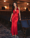 Mac Duggal #49913 Fitted Satin Sleeveless Halter Gown With 3D Flower Red flower detail