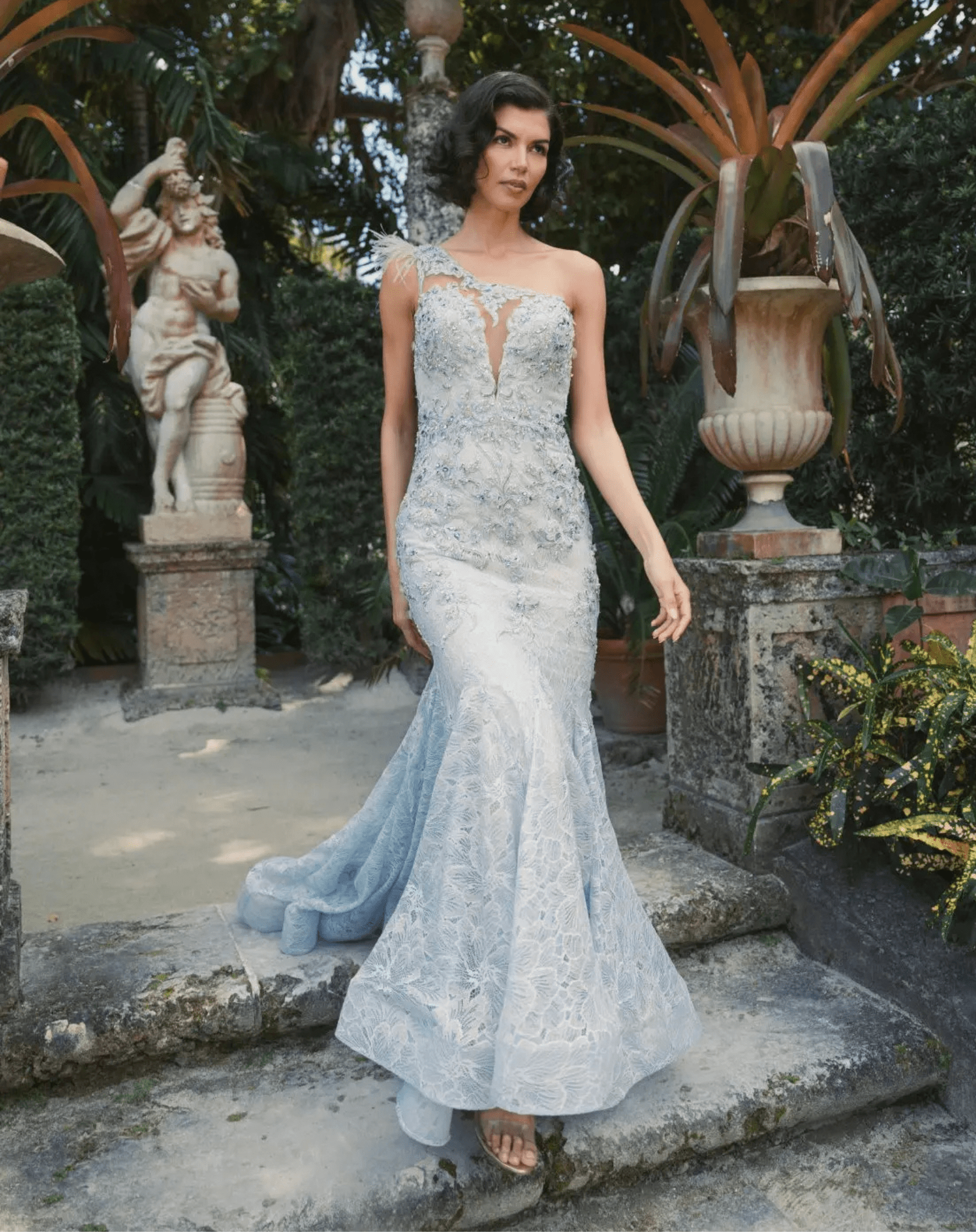 feather trim asymmetric dress mac duggal Mac Duggal - White Feather Trim One Shoulder Draped Dress