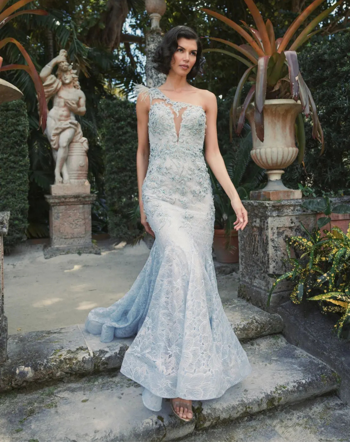 Mac Duggal #79264 Asymmetric feather one shoulder gown, Blue