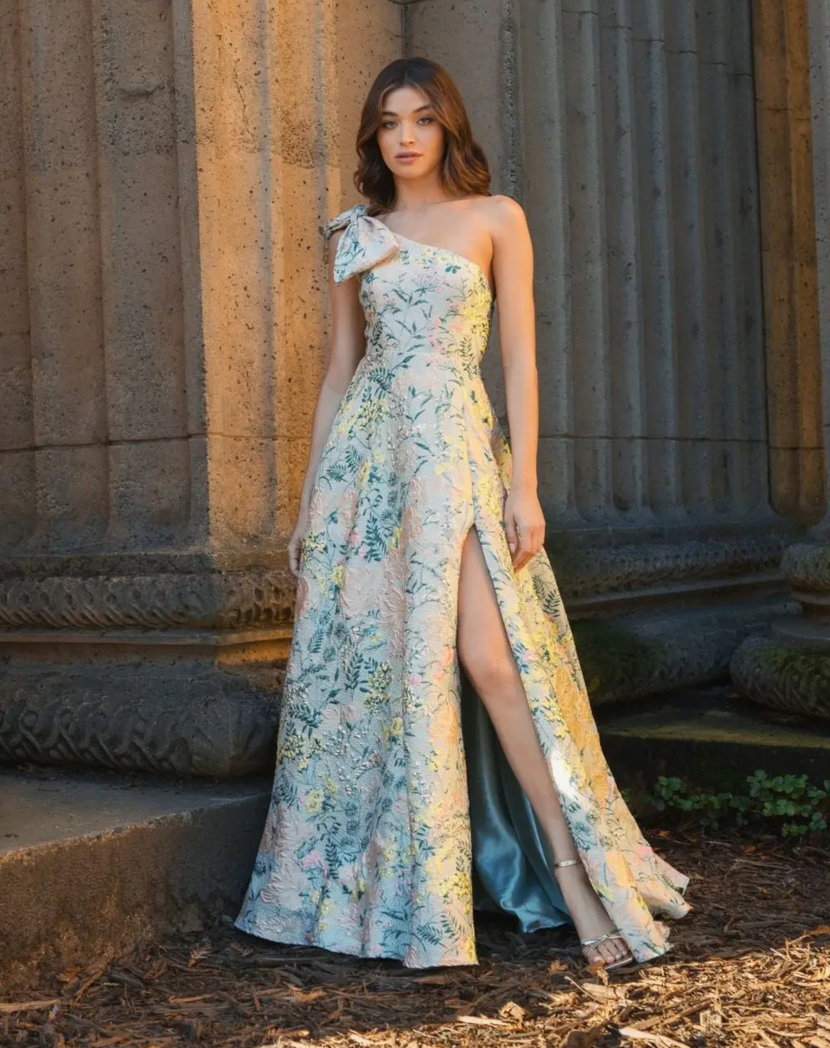 Mac Duggal Multicolor One Shoulder Brocade Floral Dress With Bow Pastel Multi #11919