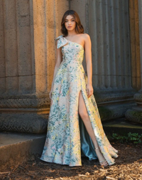 Mac Duggal Multicolor One Shoulder Brocade Floral Dress With Bow Pastel Multi #11919