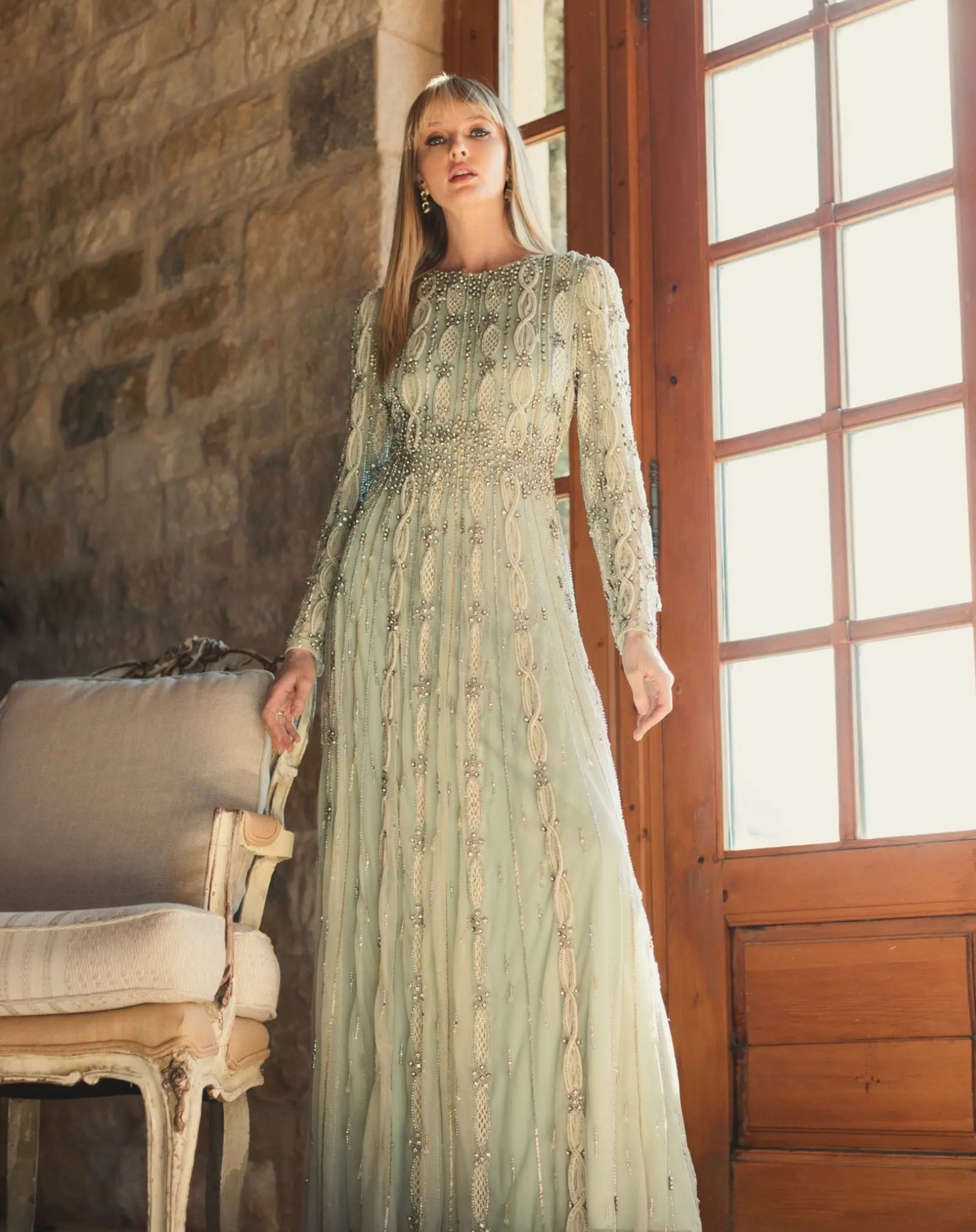 Mac Duggal Green Embellished Mesh Long Sleeve A Line Gown #10077 Nude Sage