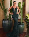 Chic & Holland Dresses - Plunge Embellished Bodycon Gown - Forest Green Emerald #AR330453 