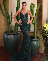 Chic & Holland Dresses - Plunge Embellished Bodycon Gown - Forest Green Emerald #AR330453 