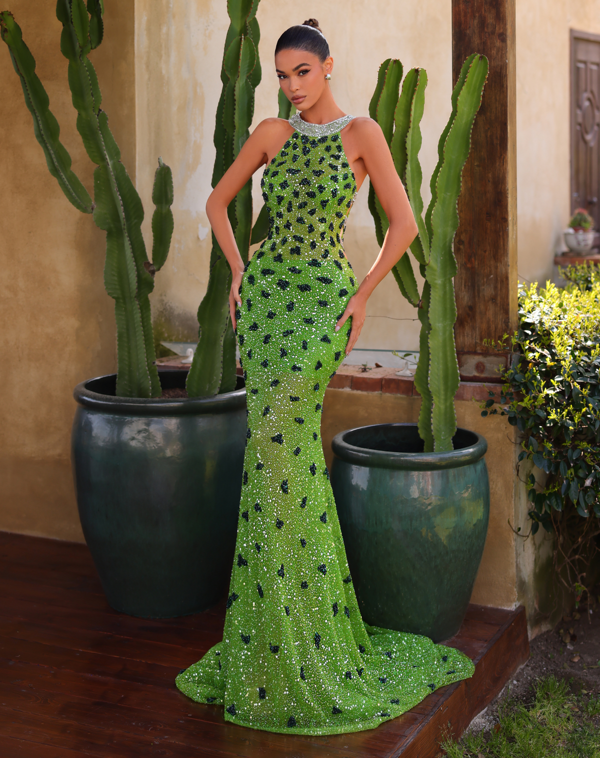 Chic & Holland Dresses - Collared Animal Print Mermaid Gown - Leaf Green AR330474B