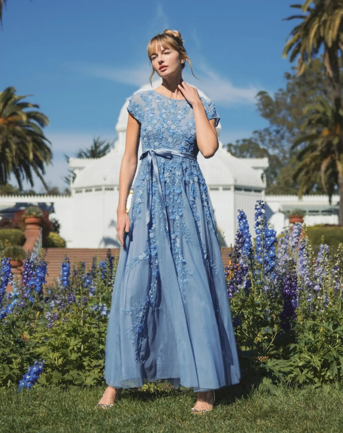 Mac Duggal #14521 Blue Floral Embellished Short Sleeve Mesh Gown - Sky Blue