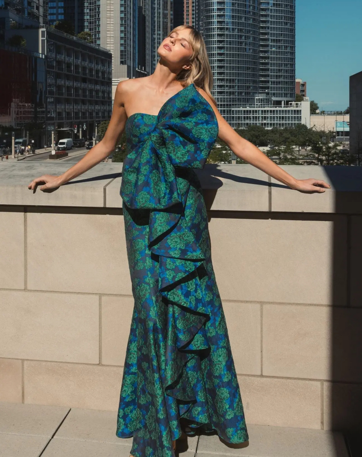 Mac Duggal Blue and Green Strapless Brocade Fitted Gown With Oversized Bow Emerald Multi #27593