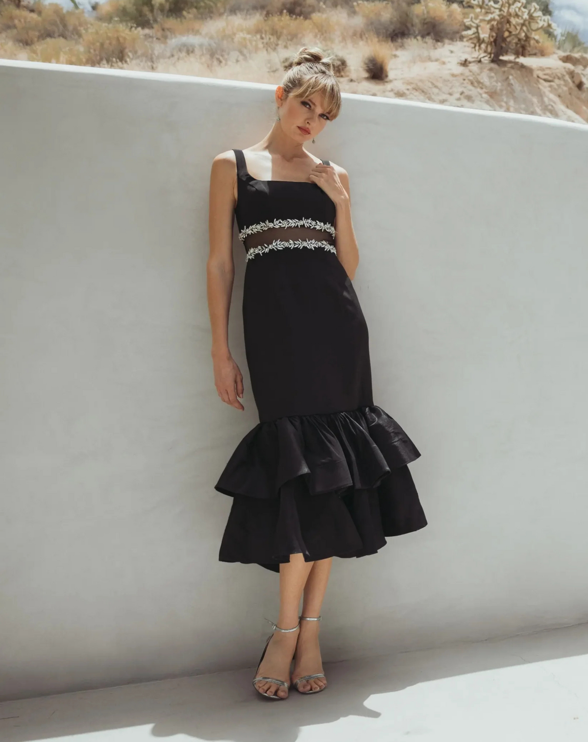 Mac Duggal Black Crepe Ruffle Hem Midi Dress With Jewel Detail #27719 