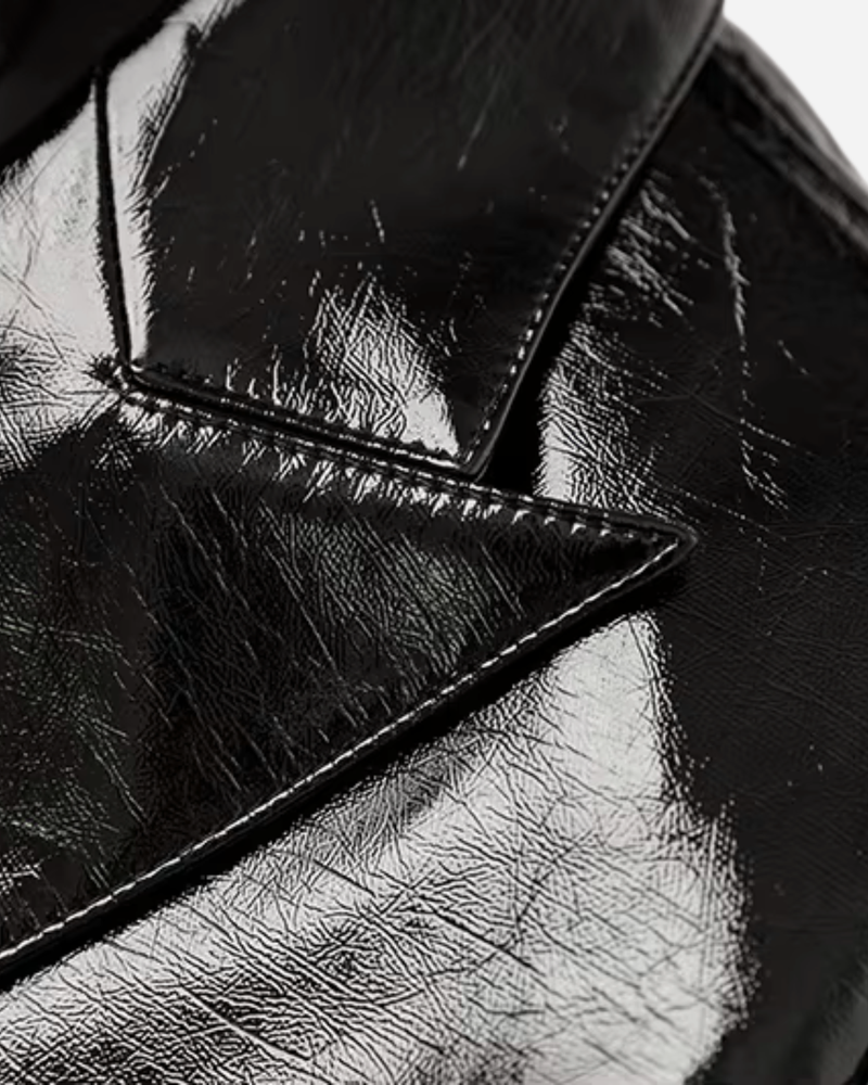 Gold Button Double Breasted Leather Look Blazer - Black