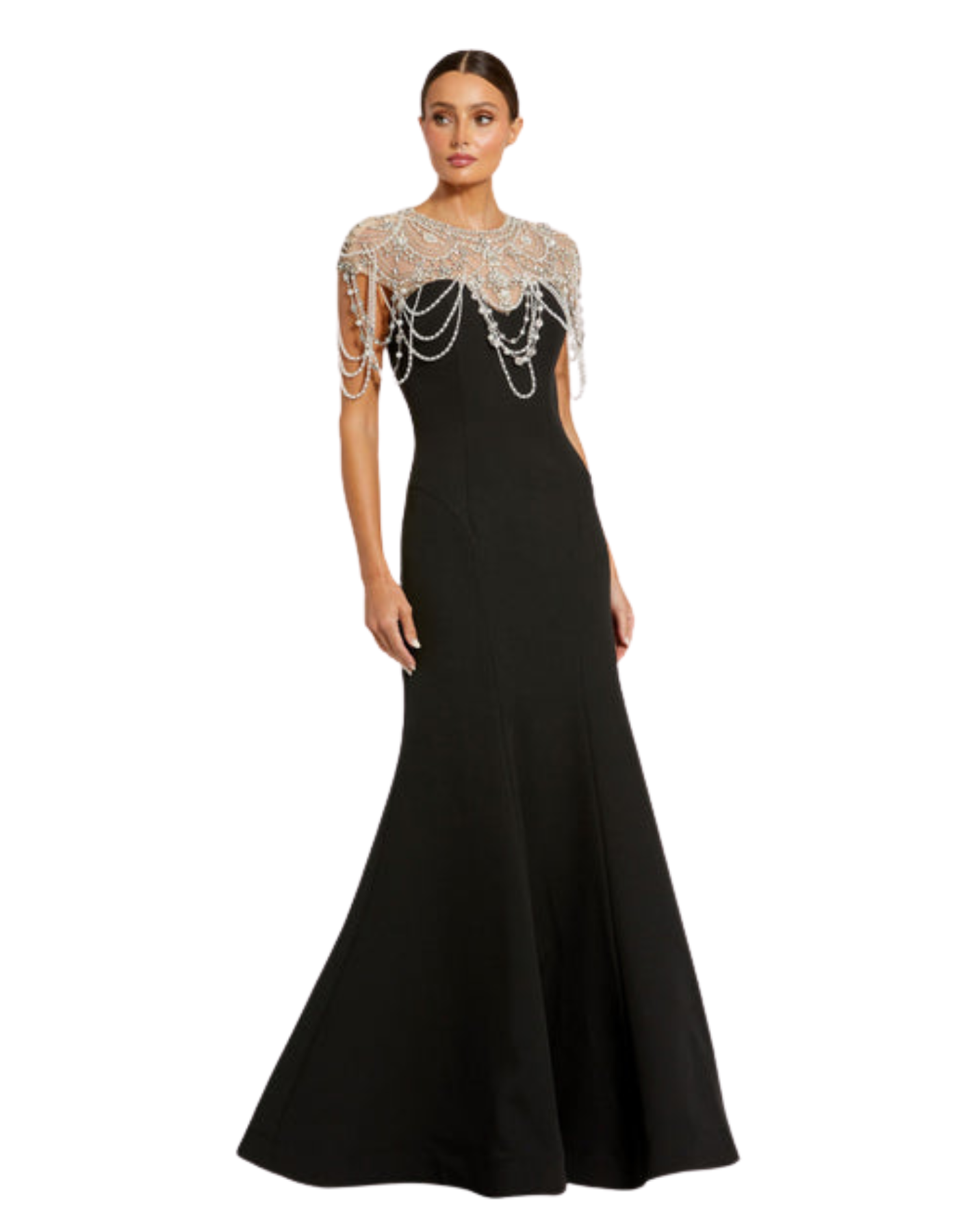 Draped Pearl Beaded Mermaid Gown Black