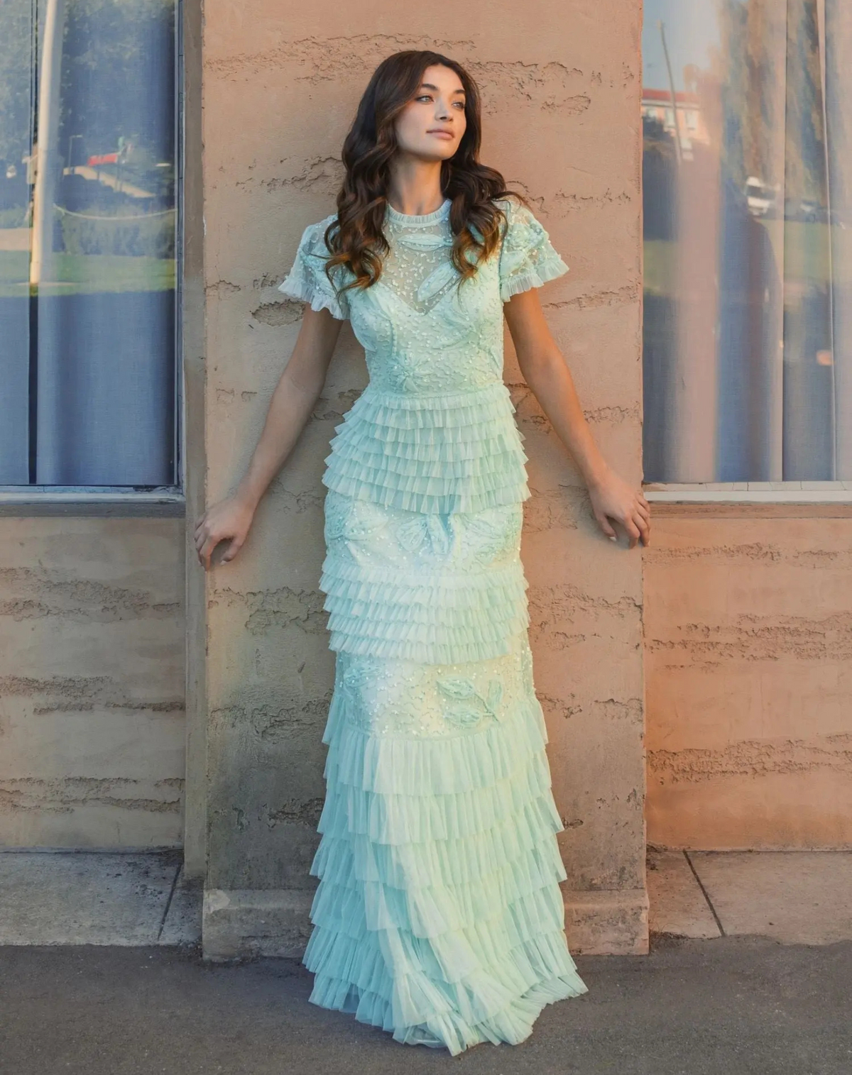Mac Duggal Green Beaded Mesh High Neck Micro Ruffle Gown #9278 Sage