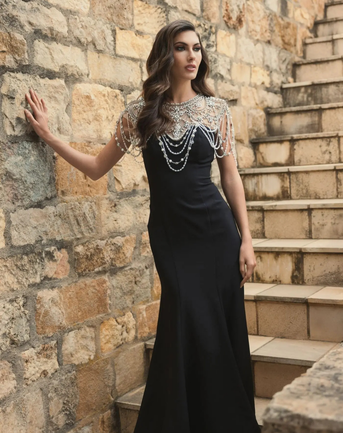 Mac Duggal #11775 Draped Pearl Beaded Mermaid Gown - Black