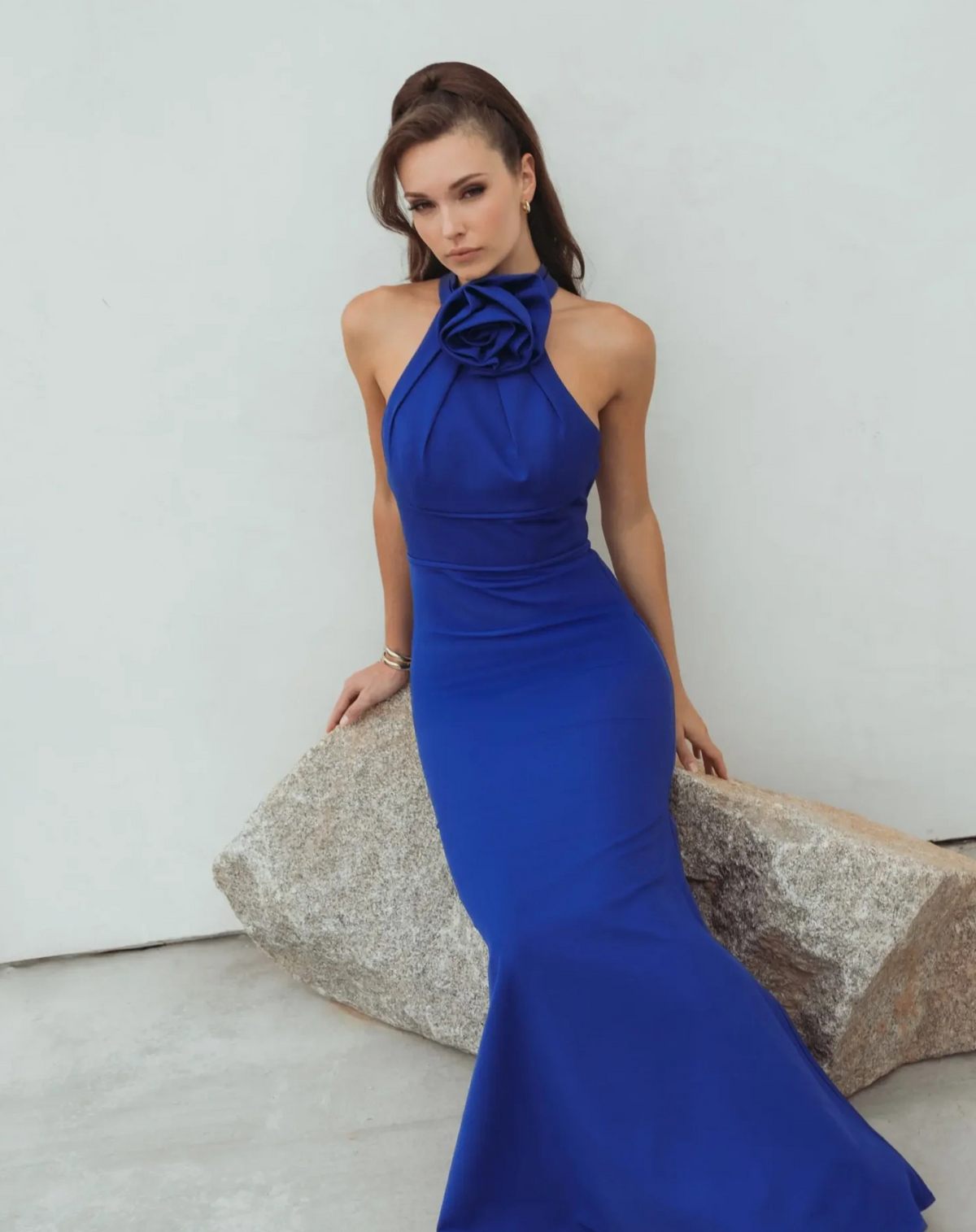 Mac Duggal Blue Sleeveless Halter Neck Gown with Rosette Detail #50053 Cobalt Blue mykonos