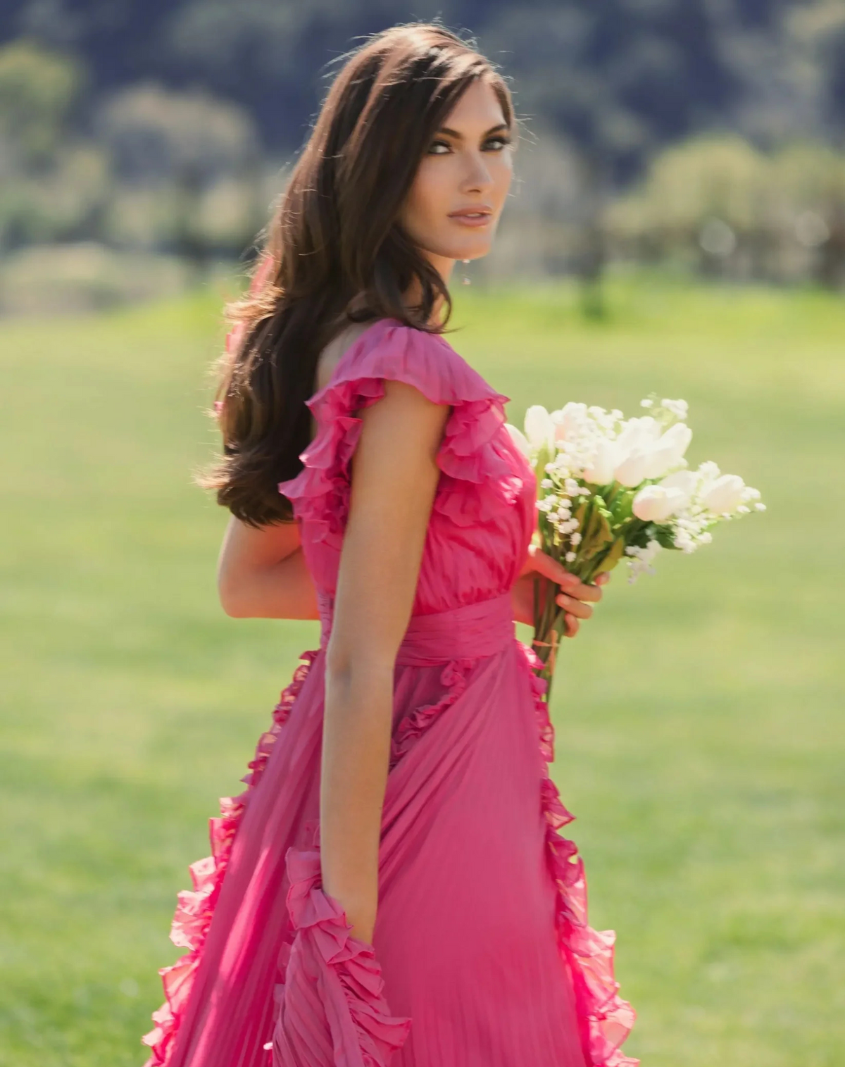 Pink Pleated Ruffle Cap Sleeve Flowy A Line Gown Fuschia 49539