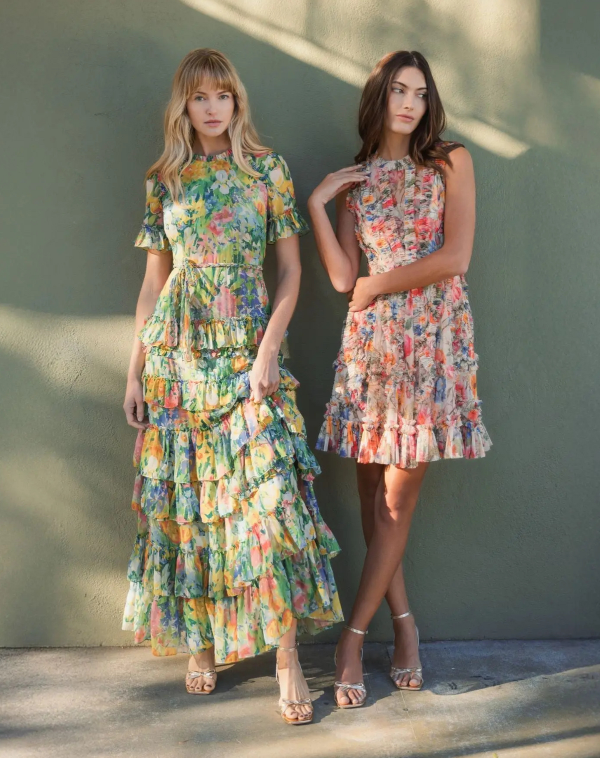 Mac Duggal Green Ruffle Tiered Chiffon Floral Dress #8112 Green Multi