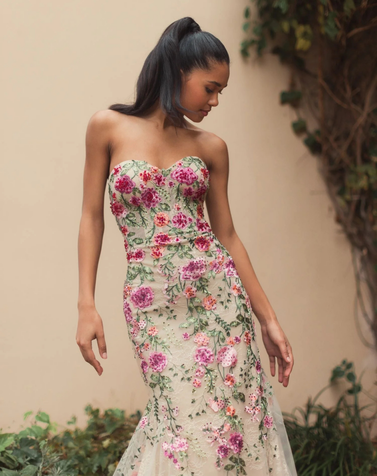 Mac Duggal, Mermaid Fishtail Floral Gown #20652 Nude