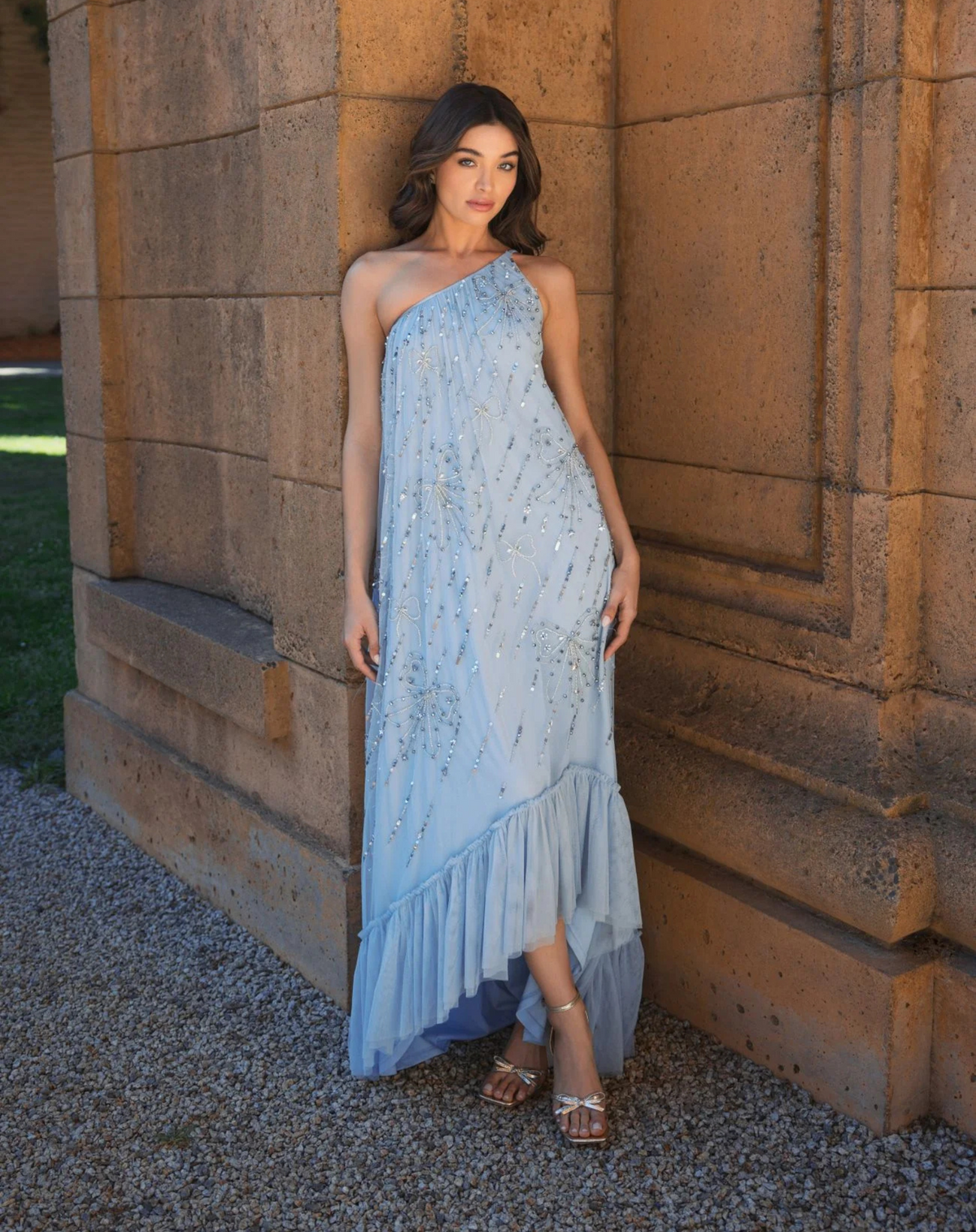 Mac Duggal Blue Bow Embellished Mesh One Shoulder High Low Gown Powder Blue #9344 trapeze gown