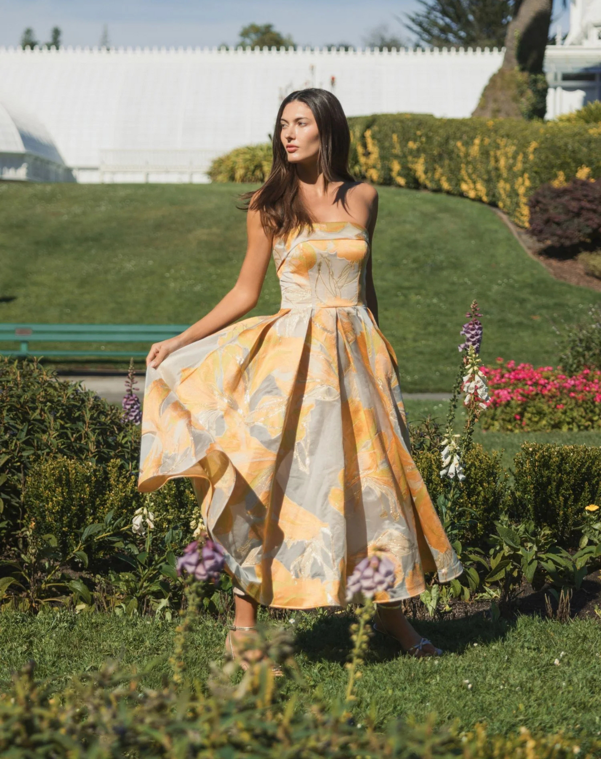 Mac Duggal Beige and Yellow Strapless Floral Brocade Midi Dress with Pockets #20724 Peach Shaide Boutique Mac Duggal Beige and Yellow Strapless Floral Brocade Midi Dress with Pockets #20724 Peach Shaide Boutique