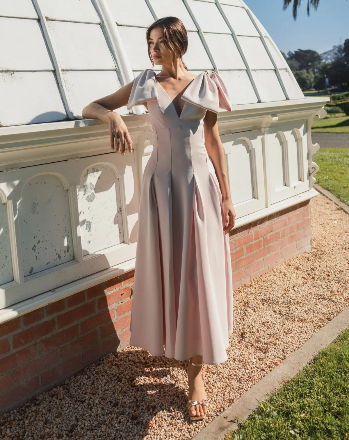 Mac Duggal Pink Crepe A Line Midi Dress With Bow Straps #21046 Blush 