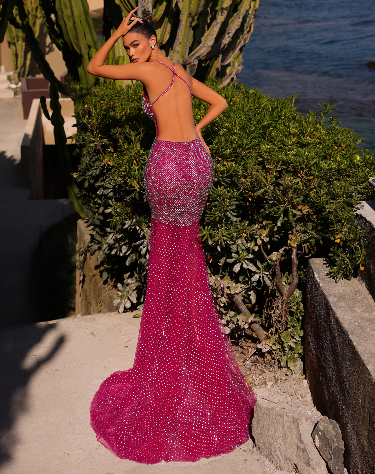 Shimmering Plunge Mermaid Gown - Fuschia