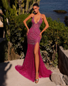 Chic & Holland Dresses - Shimmering Plunge Mermaid Gown - Fuschia #AR330455P