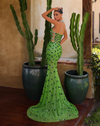 Collared Animal Print Mermaid Gown - Leaf Green