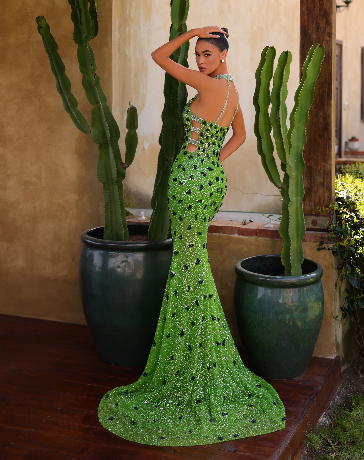 Collared Animal Print Mermaid Gown - Leaf Green
