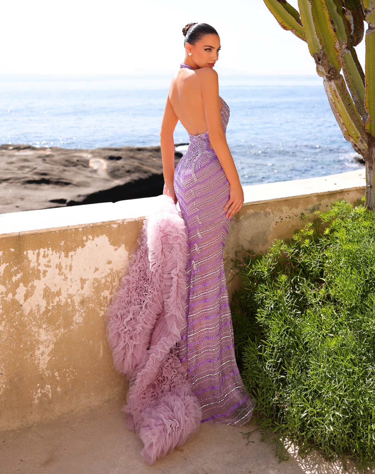 Embellished Halter Cut Out Mermaid Gown - Pastel Lilac